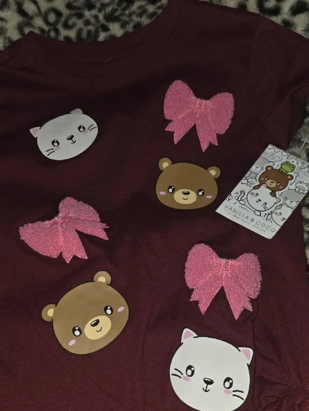 Vanilla And Coco Girls' Burgundy Bow & Bear Graphic Tee
